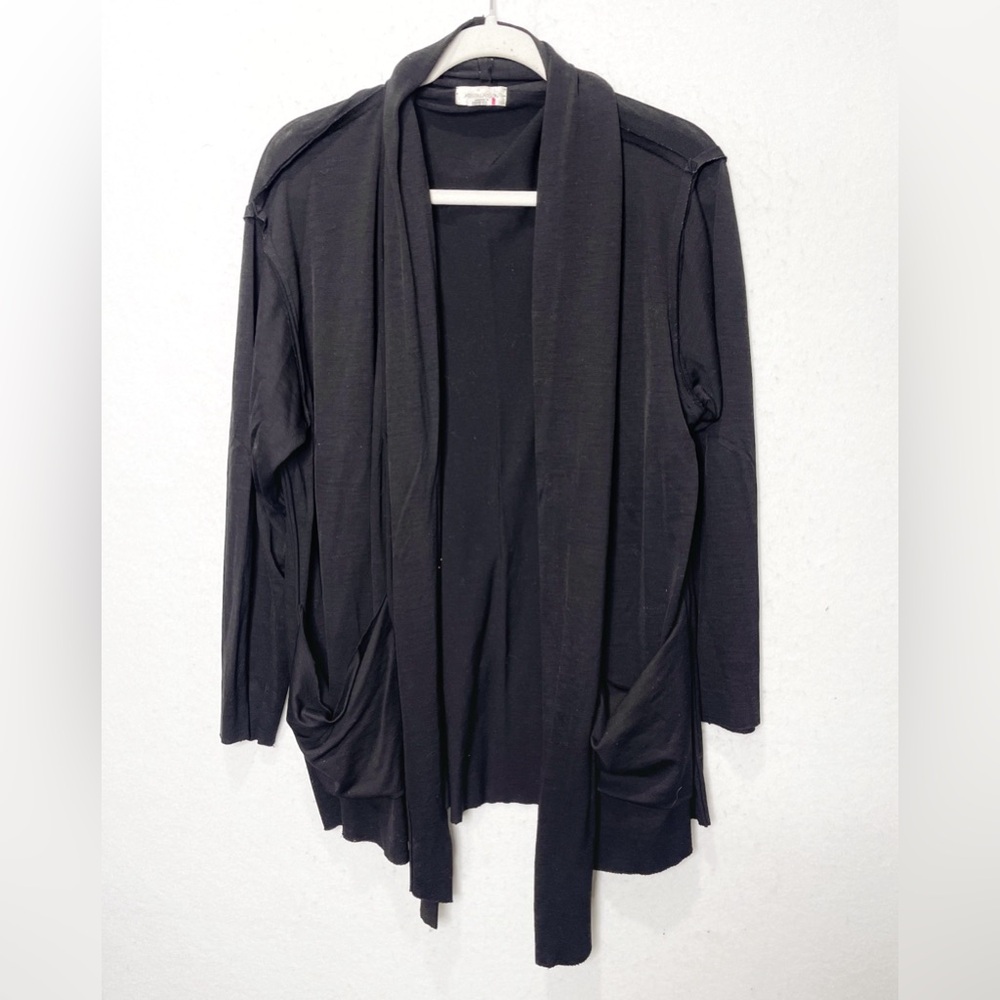 Krista Larson Black 100% Wool Cardigan One Size Minimalist Lagenlook Artsy Comfy